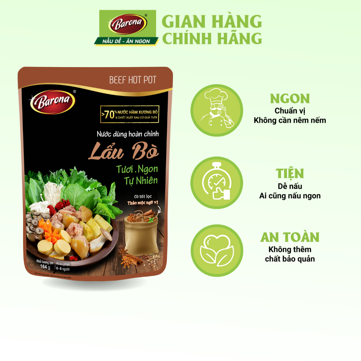 Nước Dùng Lẩu Bò Barona 164g tươi ngon chuẩn vị không cần nêm nếm