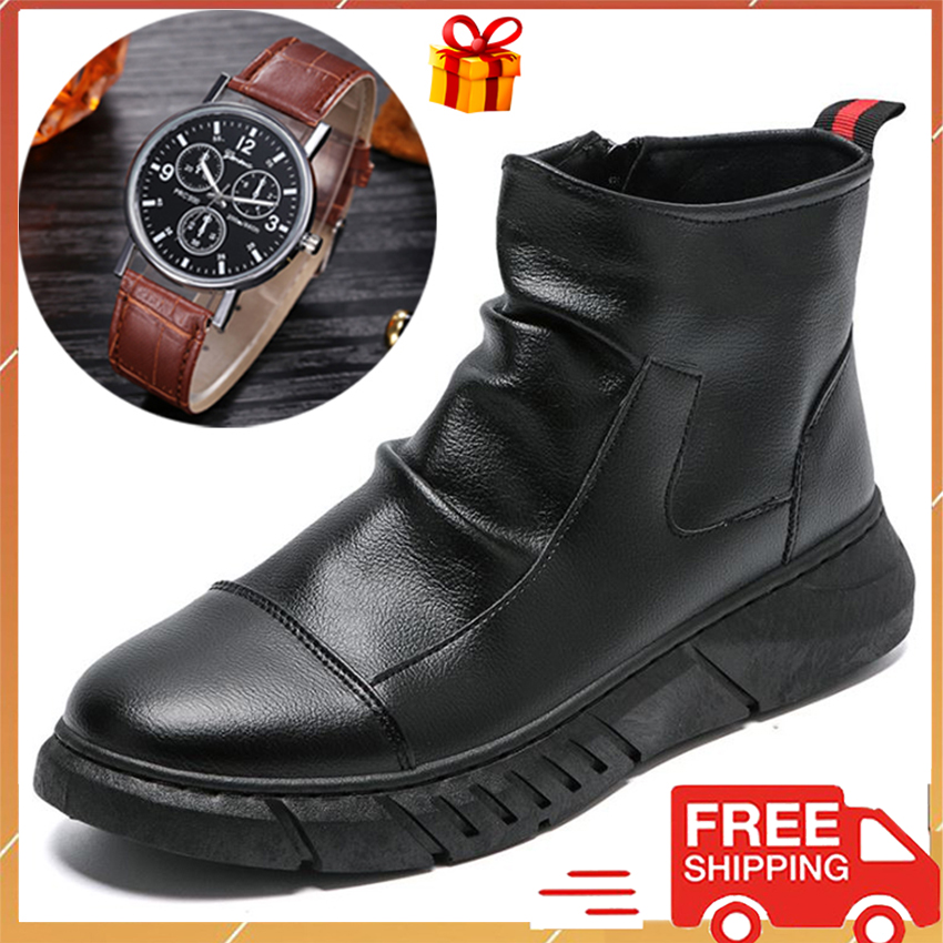 [Tặng Đồng Hồ] Giày Bốt Nam Cao Cổ Da Mềm Không Có Dây Đế Cao Su Mềm Cao 5cm Bảo Hành Da 12 Tháng