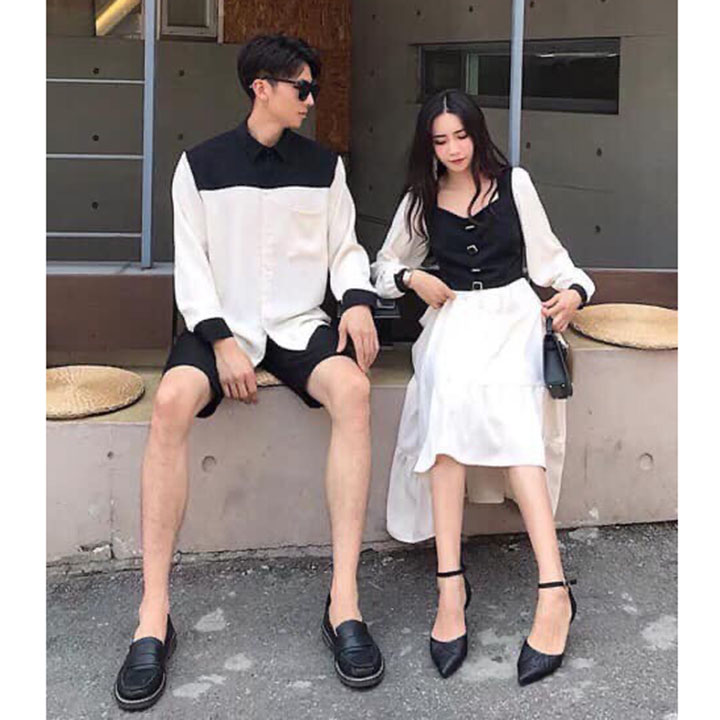 Set áo đôi nam nữ đồ cặp áo sơ mi nam đầm maxi nữ phối màu phong cách hàn quốc