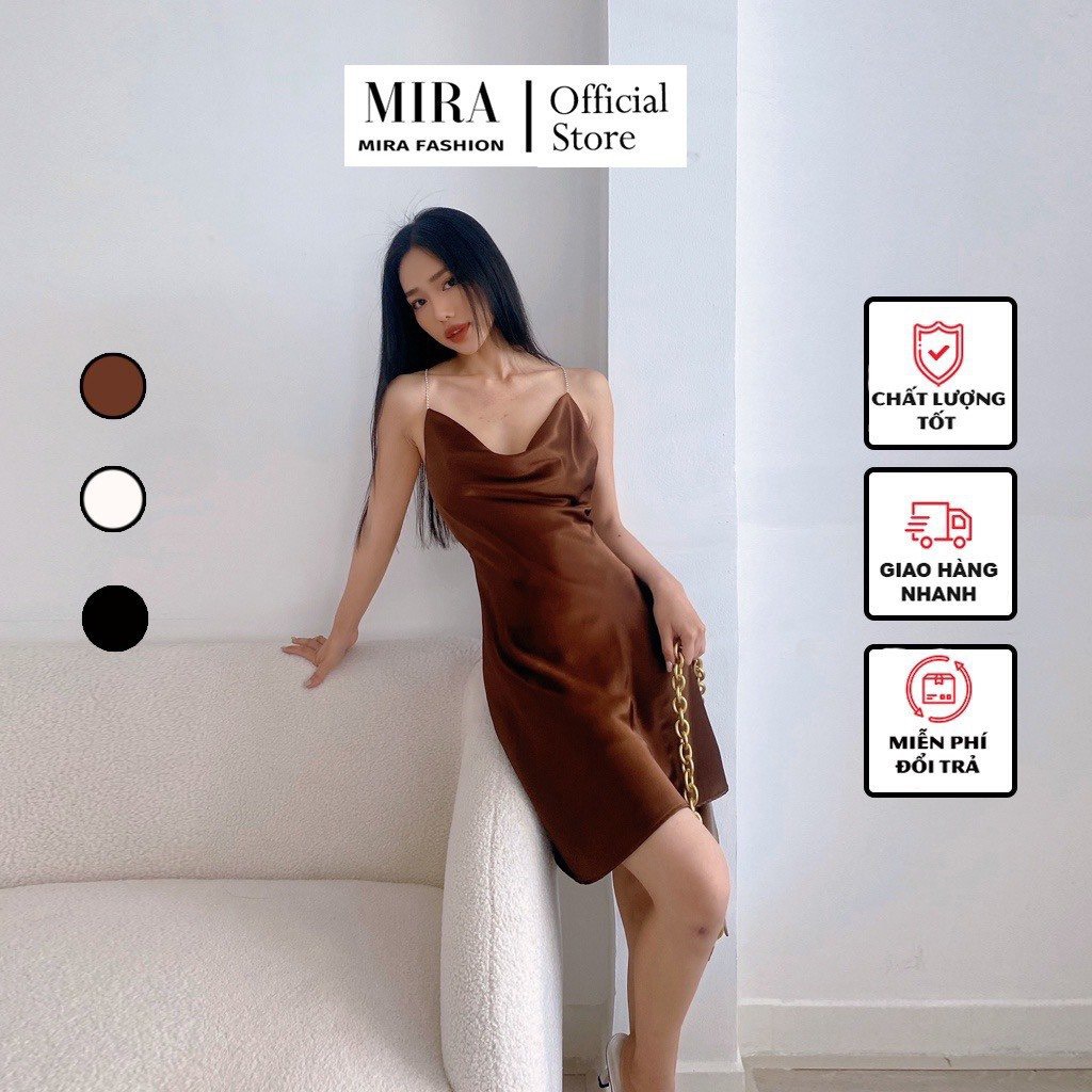 Đầm hai dây hở lưng lụa pinkstore29, dáng ngắn cổ đổ quyến rũ d091