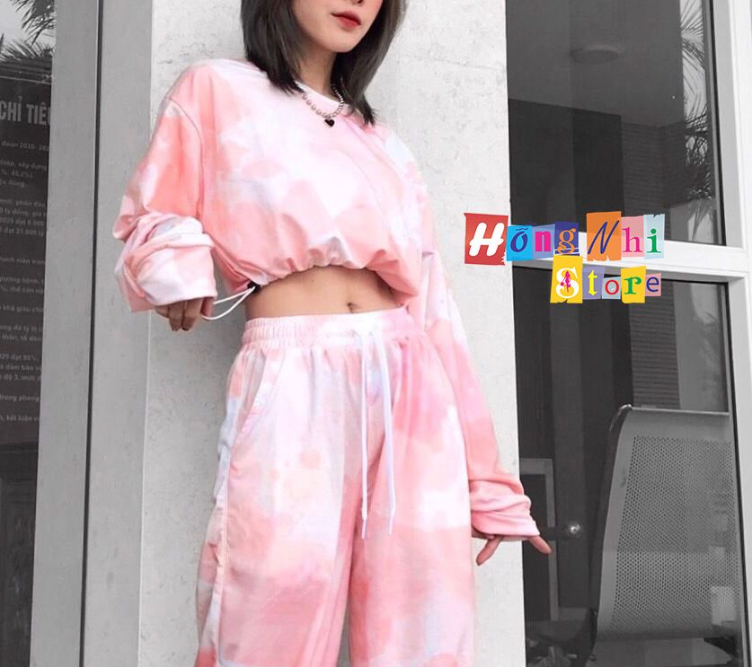 Áo Croptop Loang Màu 3D Ulzzang Rút Dây Tay Dài Dáng Rộng Màu Cam - MM