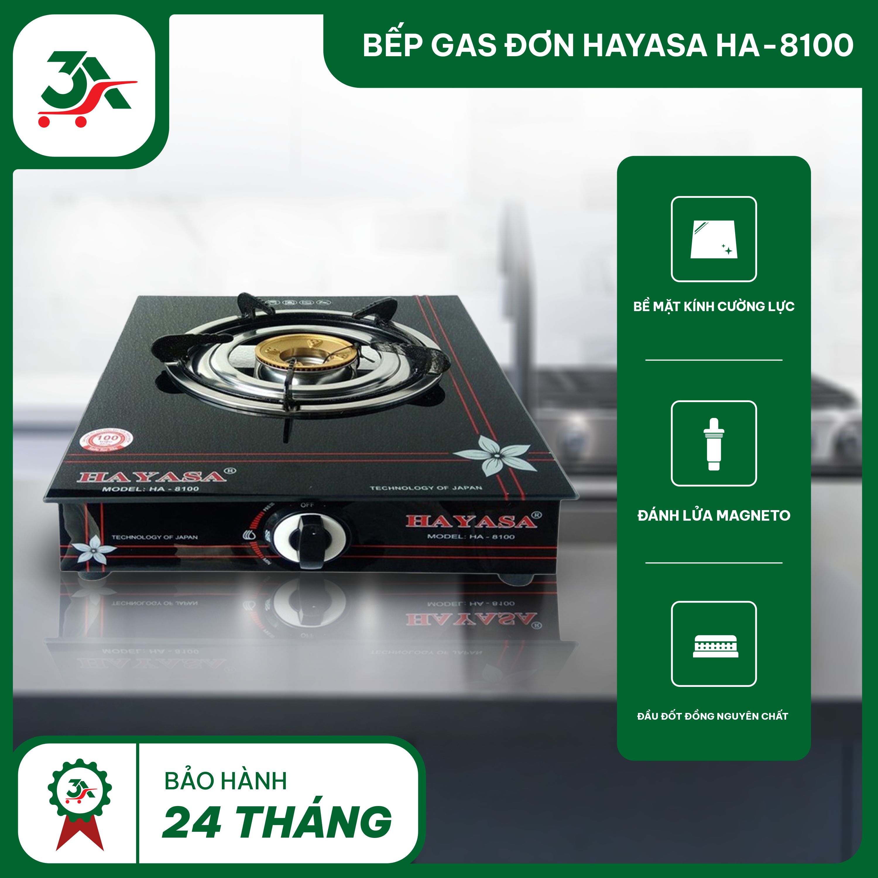 Bếp gas đơn HAYASA HA-8100 nhỏ gọn mâm đồng điếu inox dùng bình gas lớn bảo hành 24 tháng