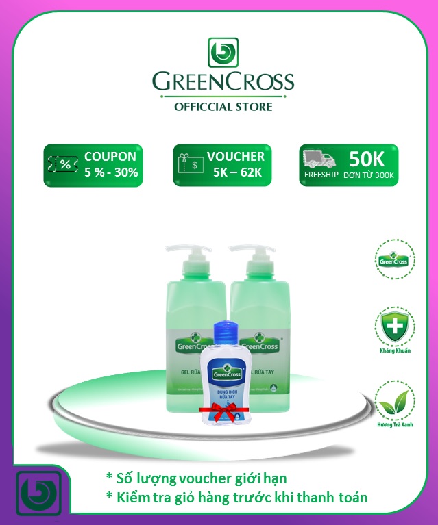 Combo 2 chai gel rửa tay kháng khuẩn green cross 500ml - tặng thêm 1 chai nước rửa tay kháng khuẩn green cross 100ml