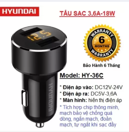 Tẩu sạc chính hãng hyundai cho ô tô HY36 có 2 cổng cắm USB sạc nhanh siêu tốc