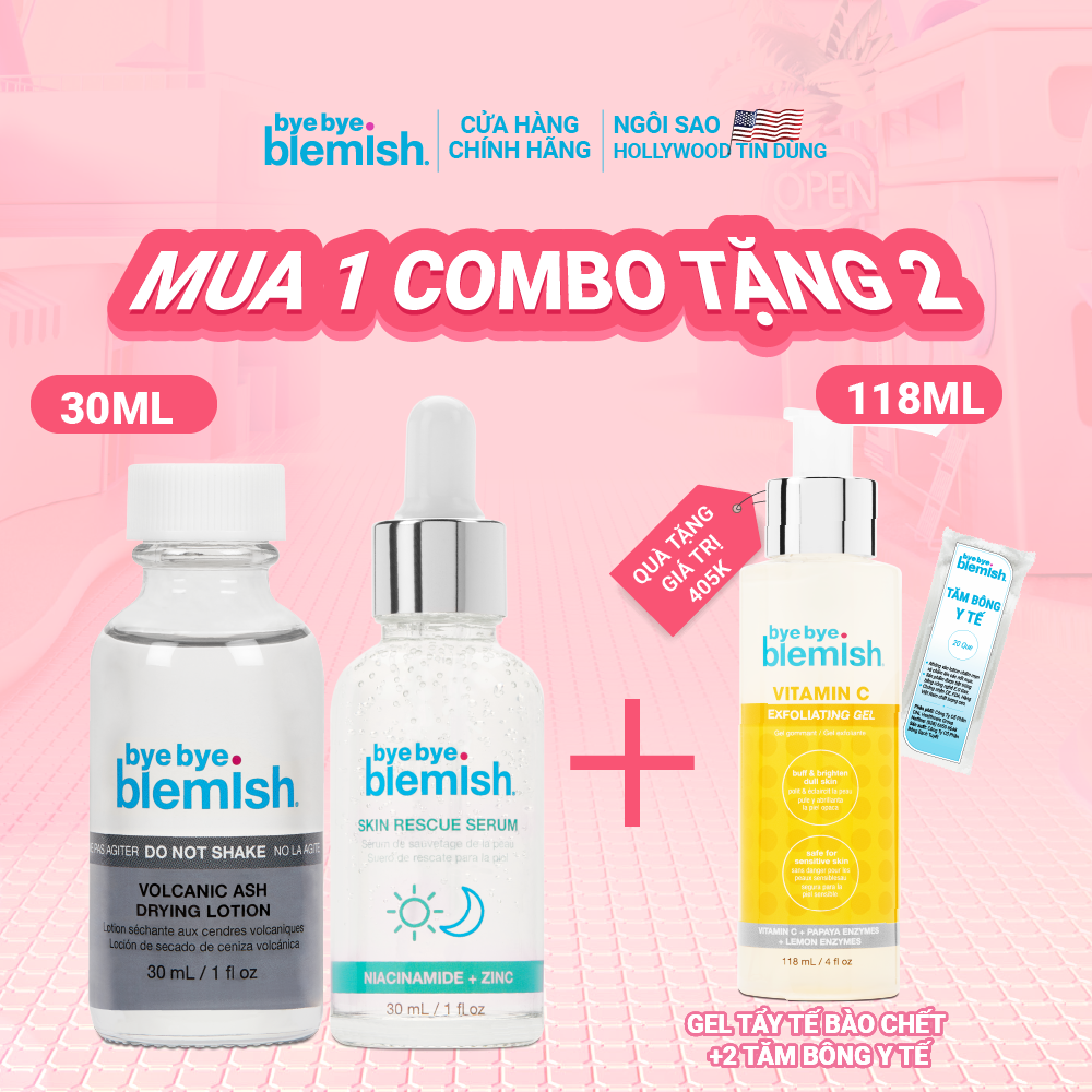 Combo Giảm Mụn Đầu Đen, Sợi Bã Nhờn, Se Khít Lỗ Chân Lông Bye Bye Blemish Volcanic Ash Drying Lotion & Skin Rescue Serum