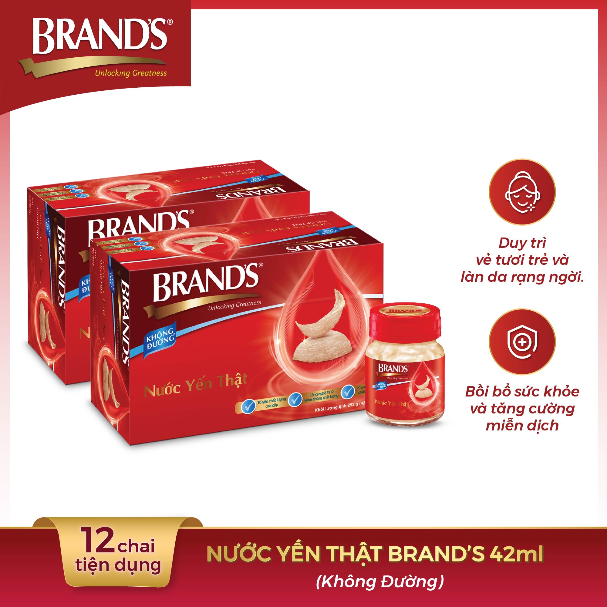 Combo 2 Hộp 6 Chai Nước Yến Thật BRAND'S Không Đường (42ml/Chai)