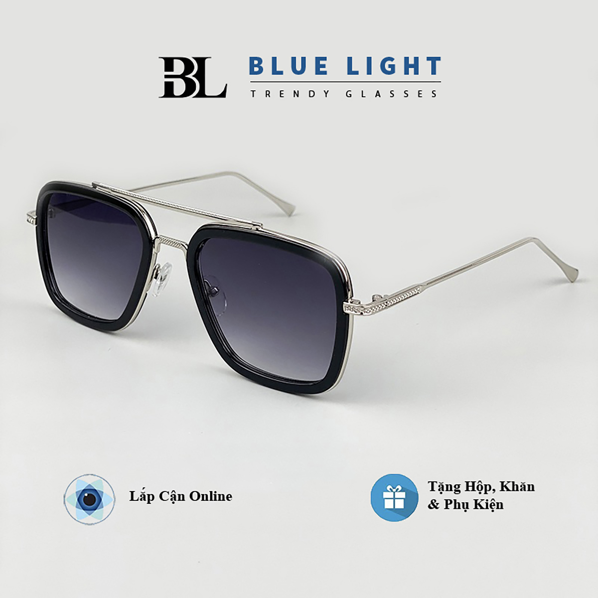 Kính Râm Mát Nam Nữ Mắt Vuông To Viền Đen Tony Ironman, Chống Tia UV - BLUE LIGHT