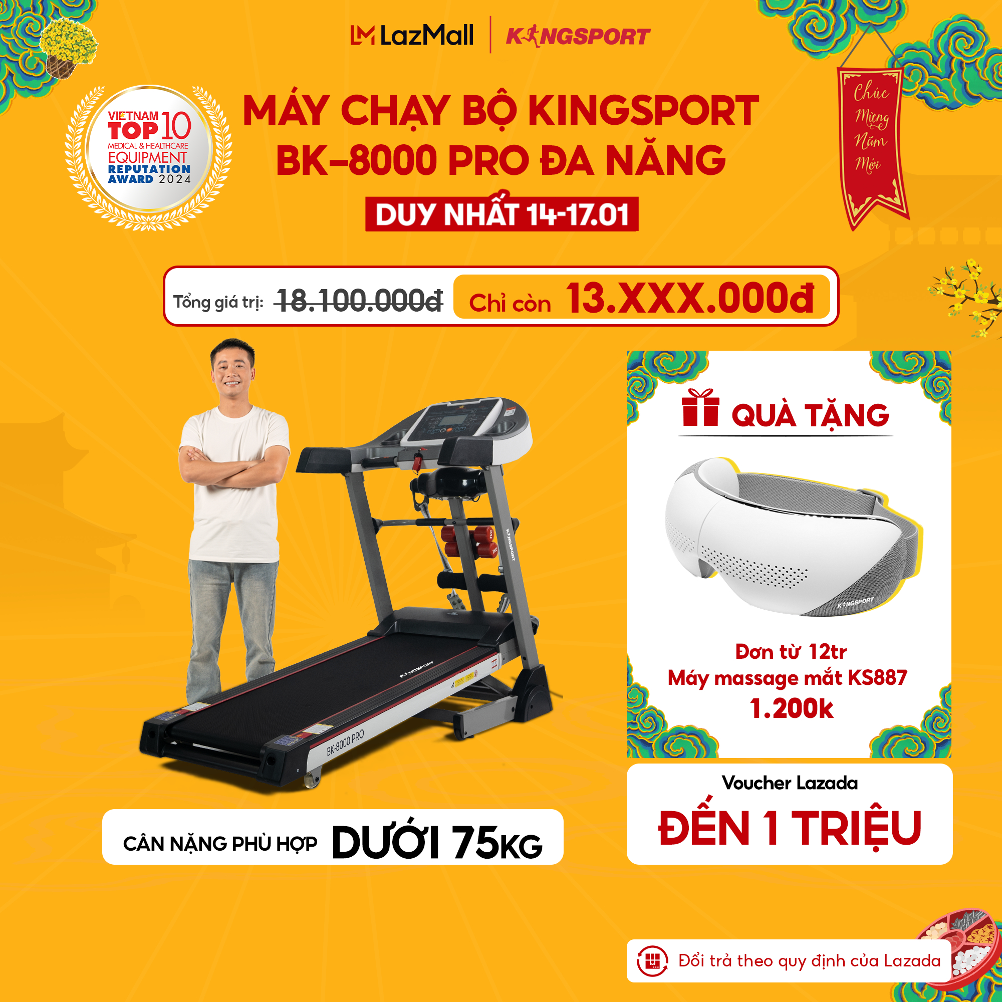 [Miễn phí lắp đặt] Máy chạy bộ KINGSPORT BK-8000 Pro đa năng, nâng dốc tự động 18%, tốc độ tối đa 14khm/h, kèm đai massage và thanh gập bụng