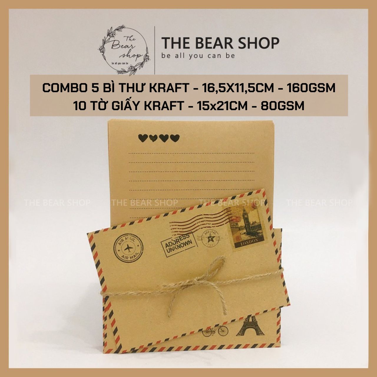 Combo 5 Bì Thư và 10 tờ Giấy Kraft Viết Thư Phong Cách Vintage Hàng Loại 1 Chất Lượng Cao - The Bear Shop