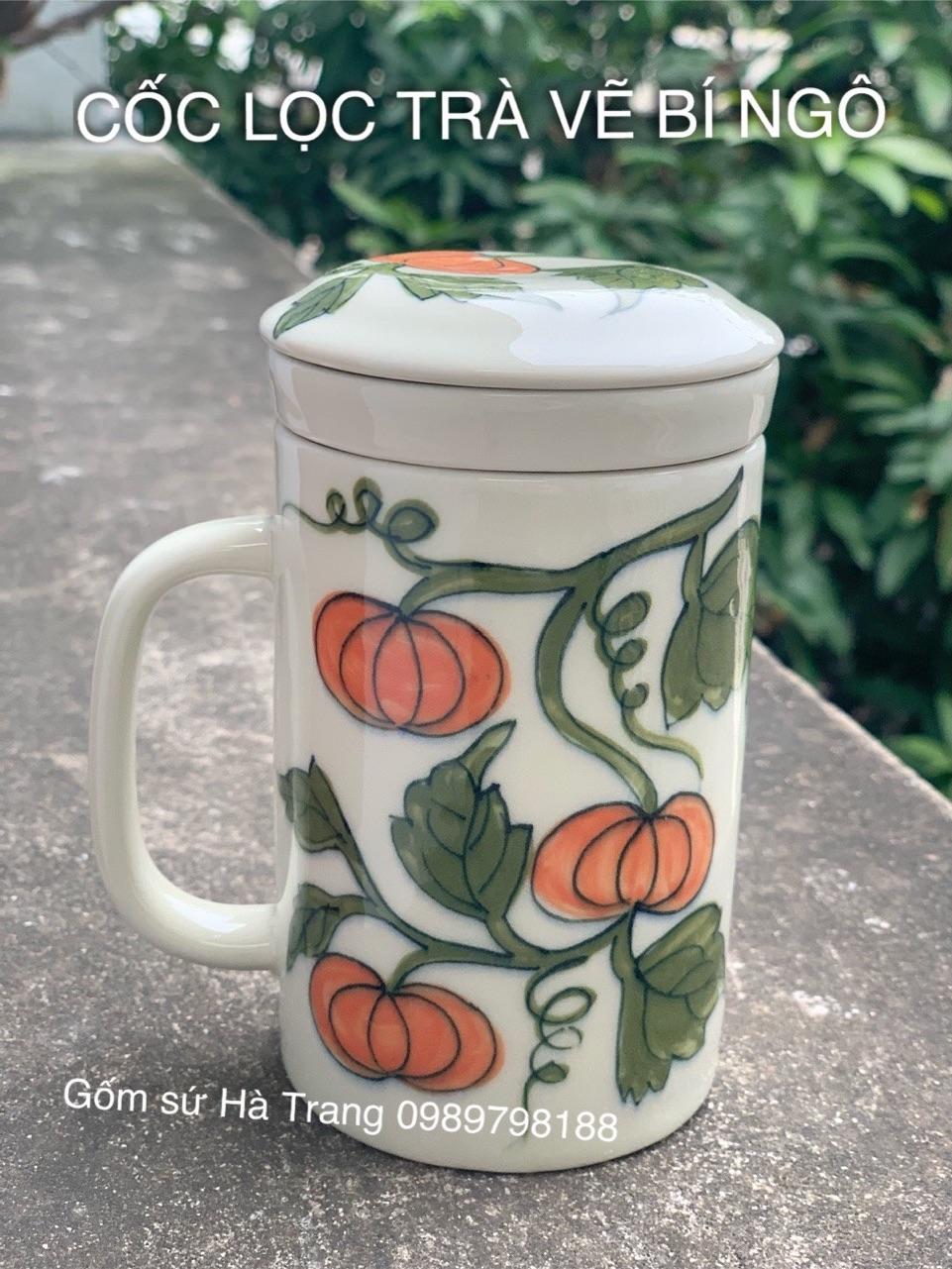 Cốc lọc trà gốm sứ Bát Tràng cao cấp vẽ bí ngô