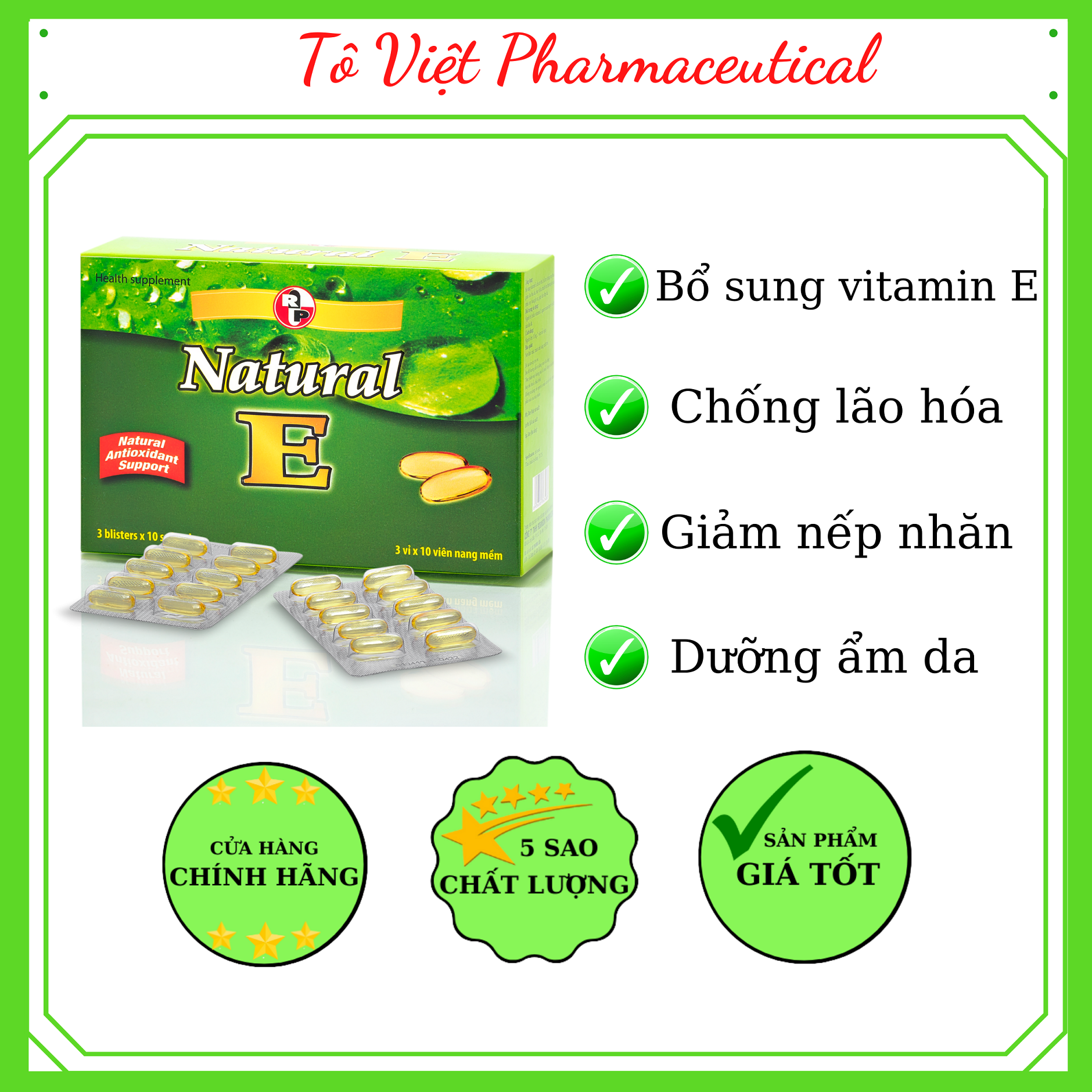 Natural E - Viên uống bổ sung vitamin E, ngăn ngừa lão hóa, tái tạo da, chống oxy hóa, giữ ẩm da, đẹp da