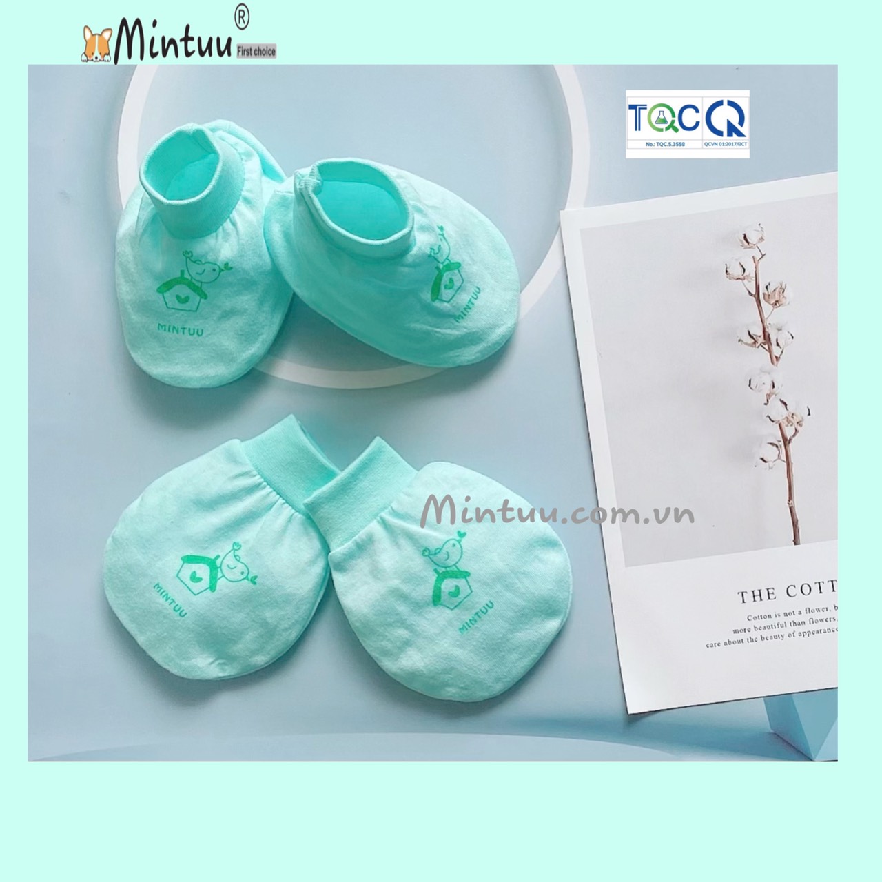 Set 5 Bộ bao tay bao chân cho bé sơ sinh màu cổ bo, chất liệu vải 100% cotton, thương hiệu MINTUU