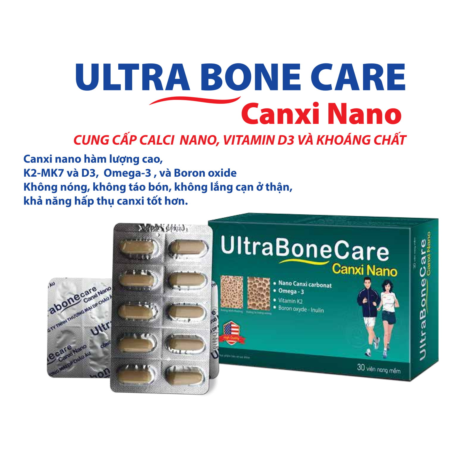Viên Uống Bổ Sung Canxi Nano Ultrabone Care - Khỏi Lo Chuột Rút Tê Bì Chân Tay - Không Nóng, Không Gây Táo Bón - Bổ Sung Canxi, D3, Vitamin K2 (Mk7) - Hộp 30 Viên