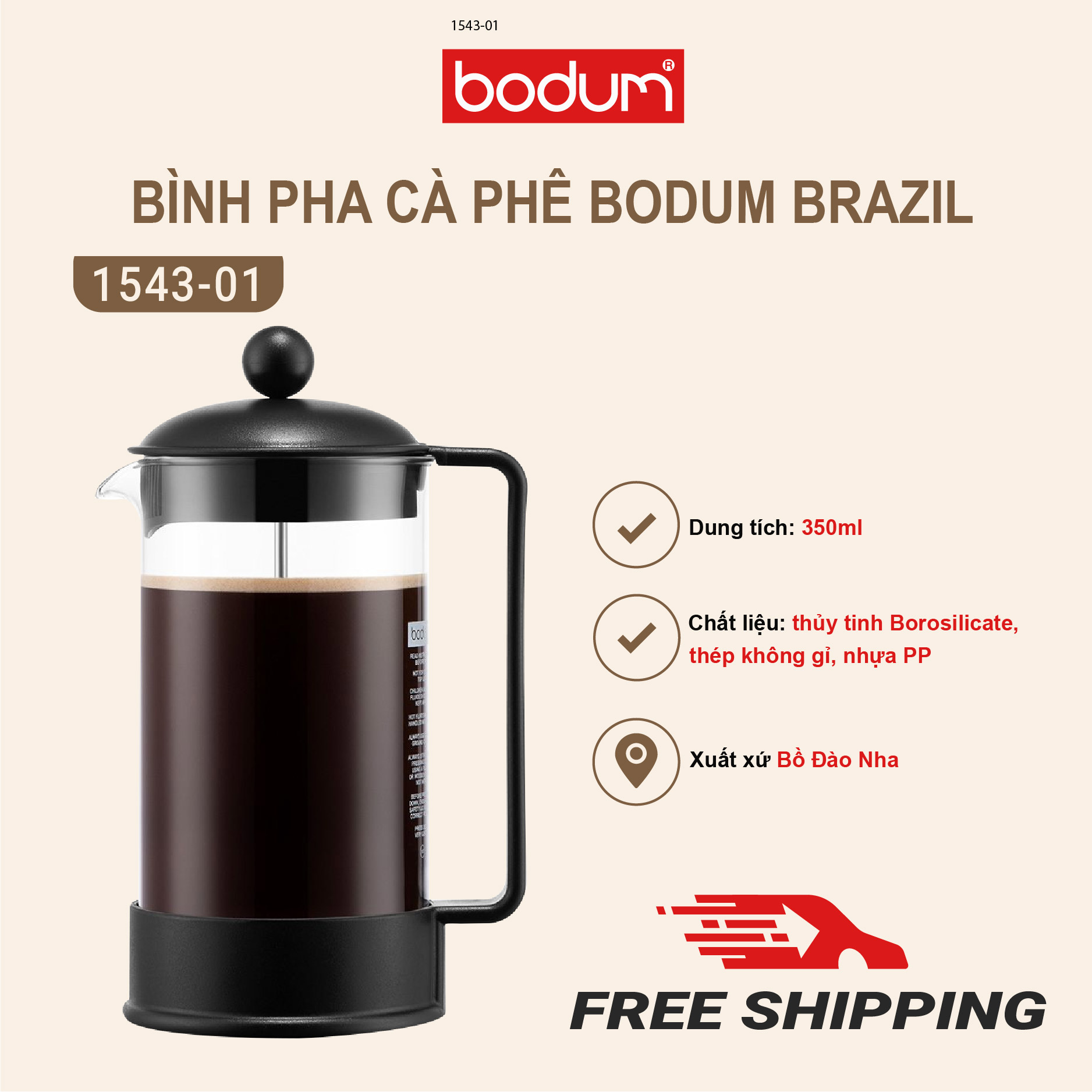 Bình pha trà, cà phê kiểu Pháp Bodum Brazil 350ml/1L, thuỷ tinh borosilicate an toàn cho sức khoẻ, thiết kế sang trọng, 1543-01/1548-01, xuất xứ Bồ Đào Nha