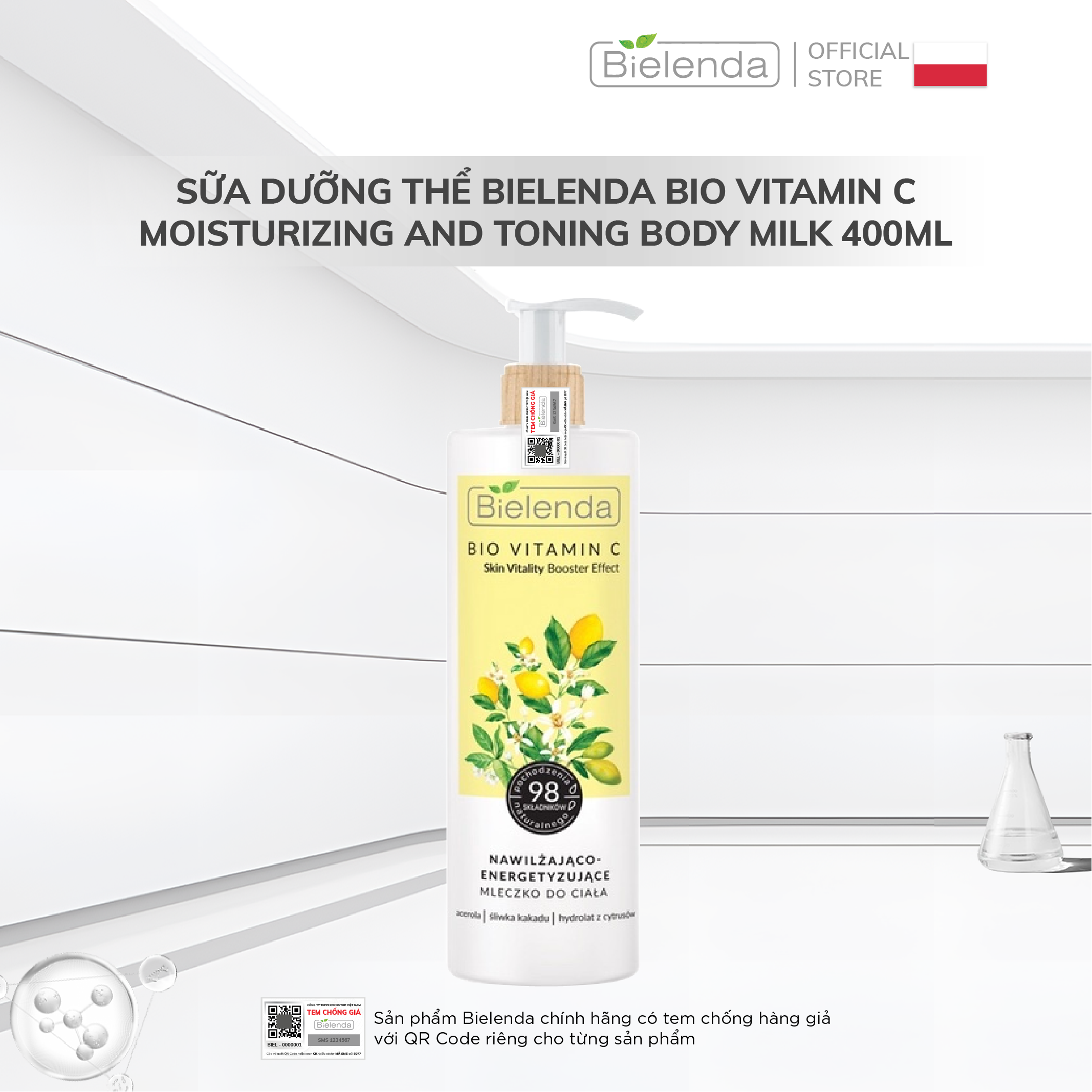 Sữa dưỡng thể trắng da Bielenda Bio Vitamin C Moisturizing And Toning Body Milk 400ml