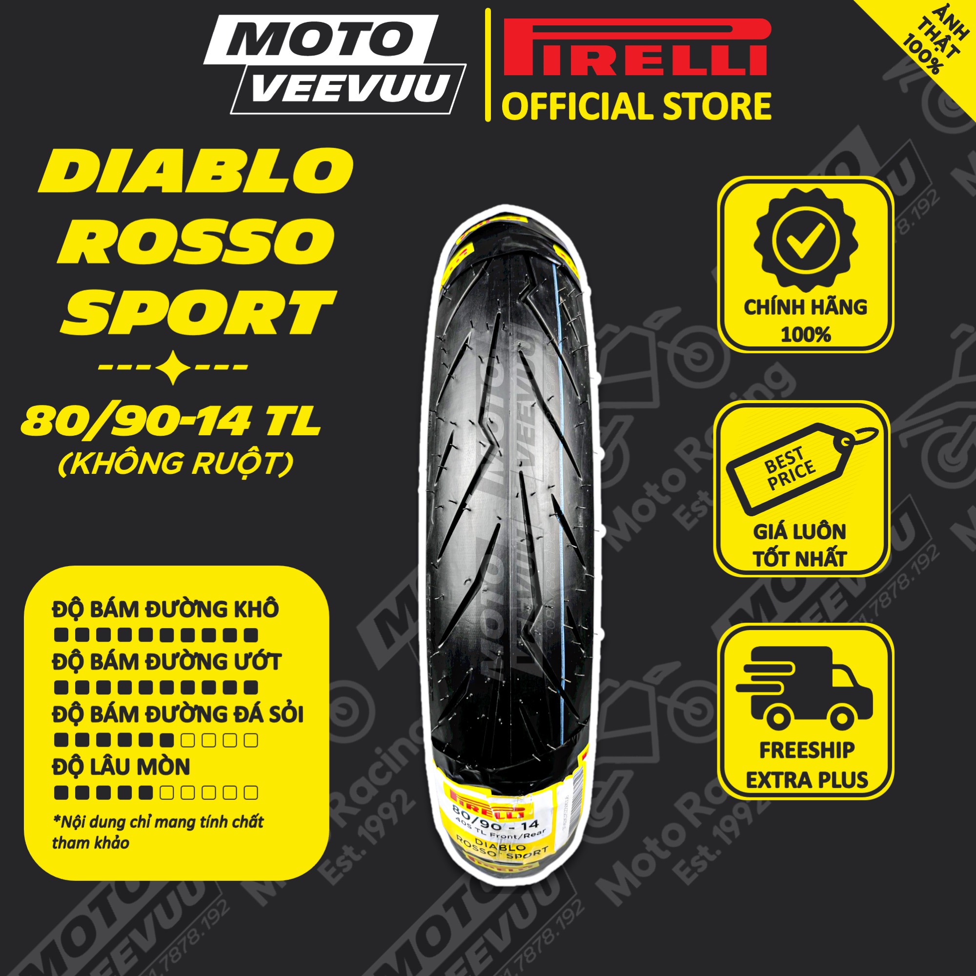 Vỏ lốp xe máy PIRELLI 80/90-14 TL Diablo Rosso Sport (Lốp không ruột)