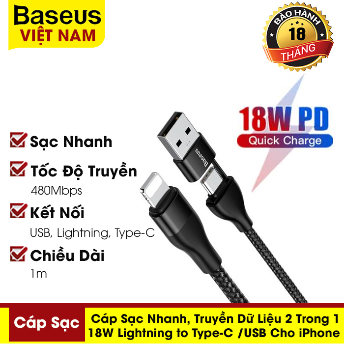 Cáp sạc và truyền dữ liệu 2 trong 1, 18W Lightning to Type-C / USB sạc nhanh cho iPhone 11 Pro XR XS Max X 8 7 6 6 S - Thương Hiệu Baseus - Phân phối bởi Baseus Vietnam