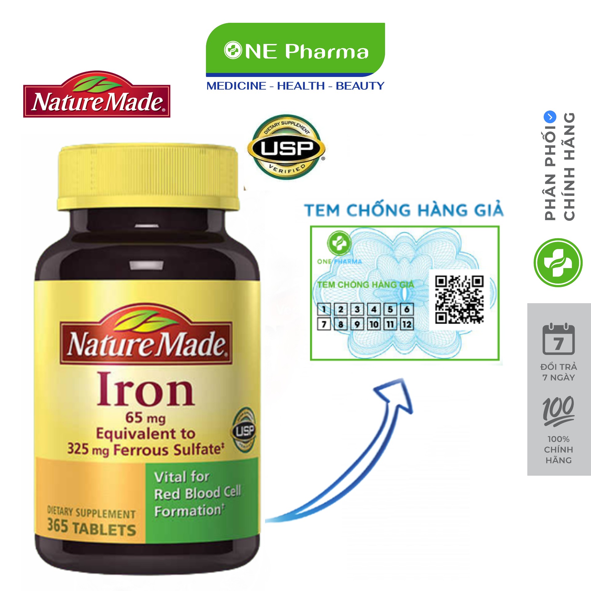 Viên Uống Hỗ Trợ Bổ Sung Sắt Nature Made Iron 65mg, 365 viên- One Pharma