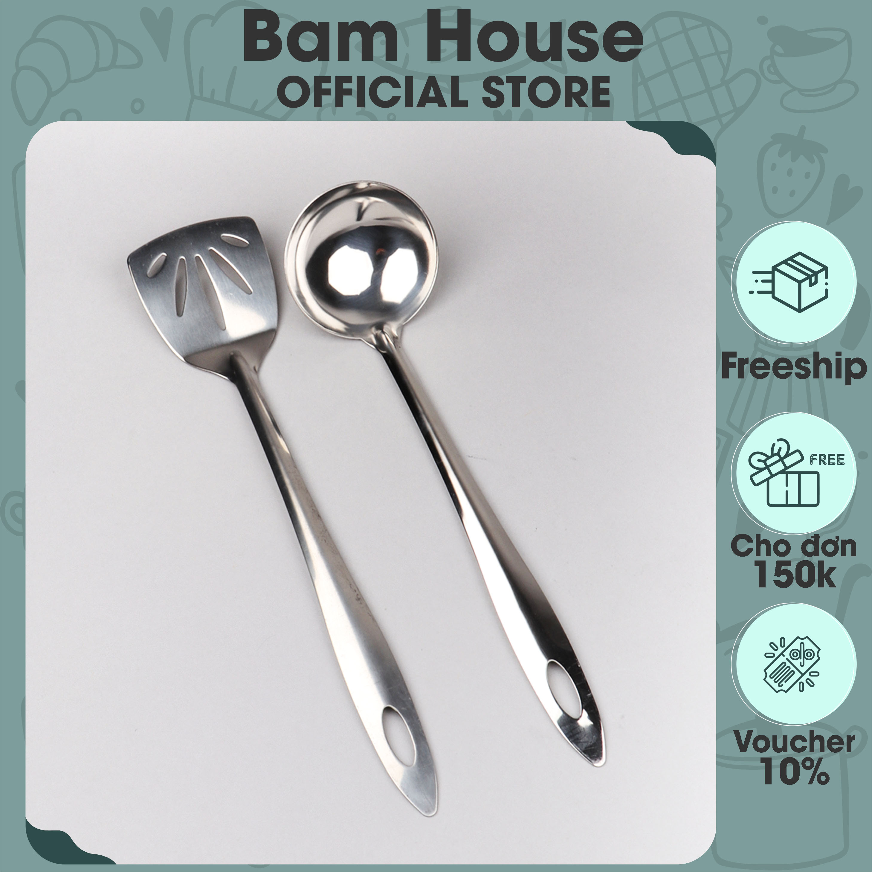 Vá đặc, Xẻng lỗ inox Bam House cán trơn cao cấp siêu bền SCT24 - Gia dụng bếp