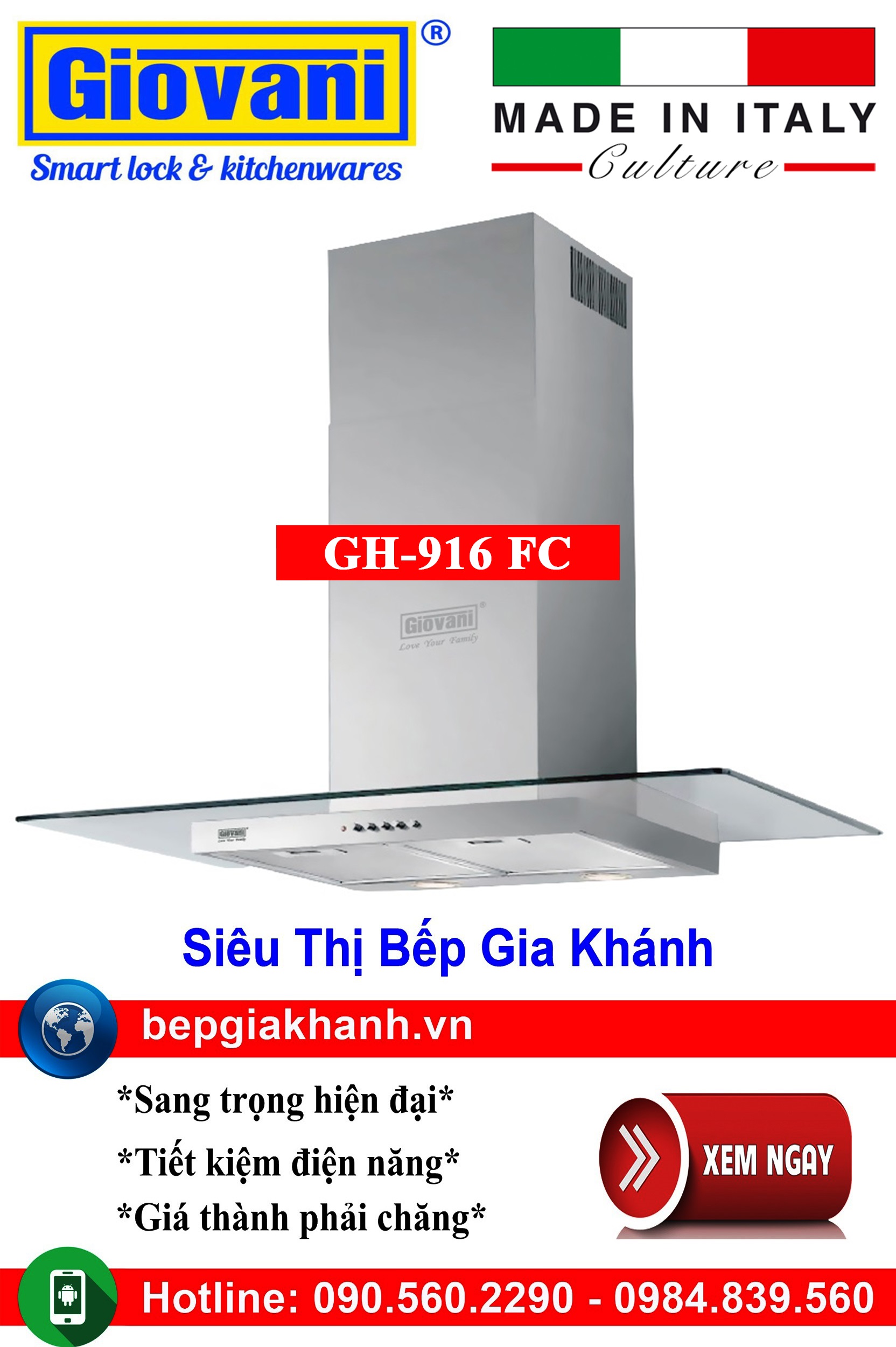 [HCM]Máy hút mùi nhà bếp dạng kính thẳng 90cm Giovani GH-916 FC nhập khẩu Italy, máy hút mùi nhà bếp, máy hút mùi bếp, máy hút mùi kính cong, máy hút mùi canzy, máy hút mùi mini, máy hút mùi âm trần, máy hút mùi electrolux, may hut mui