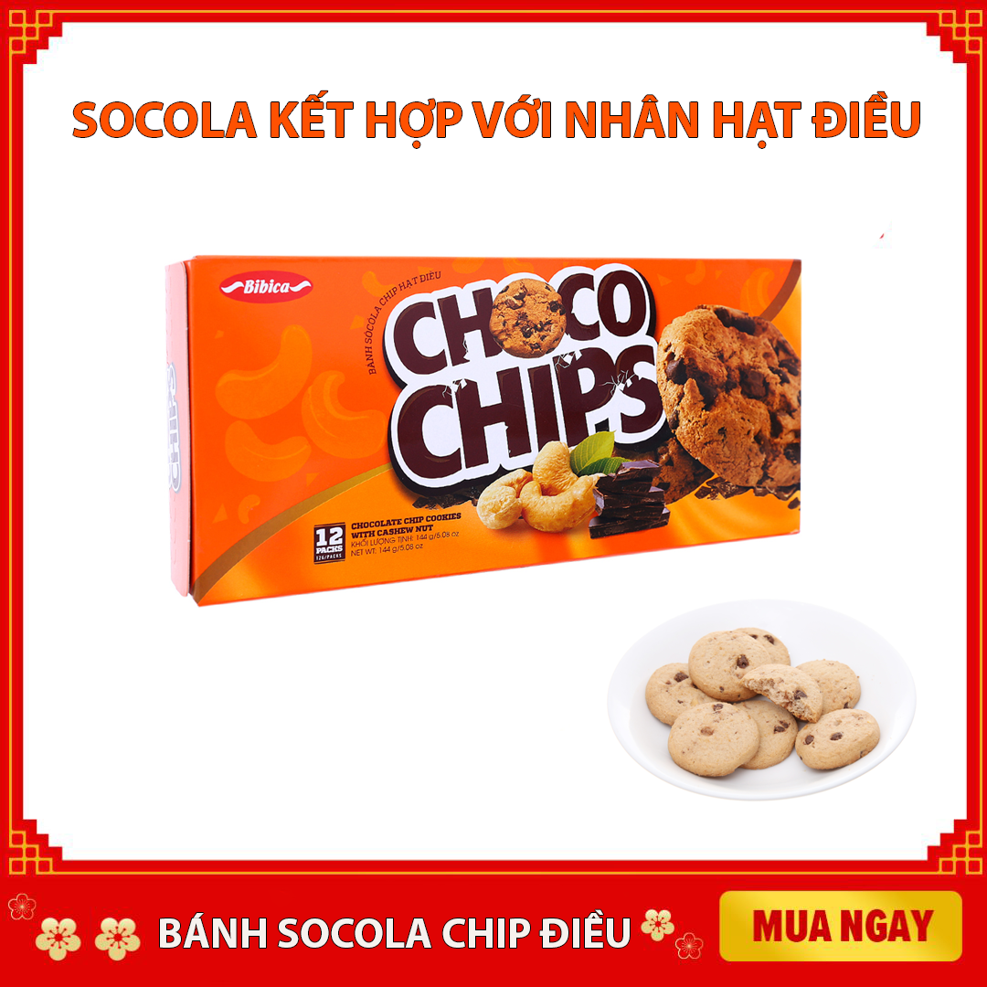 [HCM]Bánh qui socola Chip Điều- Chocolate Chip Cookies With cashew mang hương vị socola kết hợp với hạt điều thơm ngon thích hợp dùng tất cả cho mọi người 144g (12 gói x 12g)