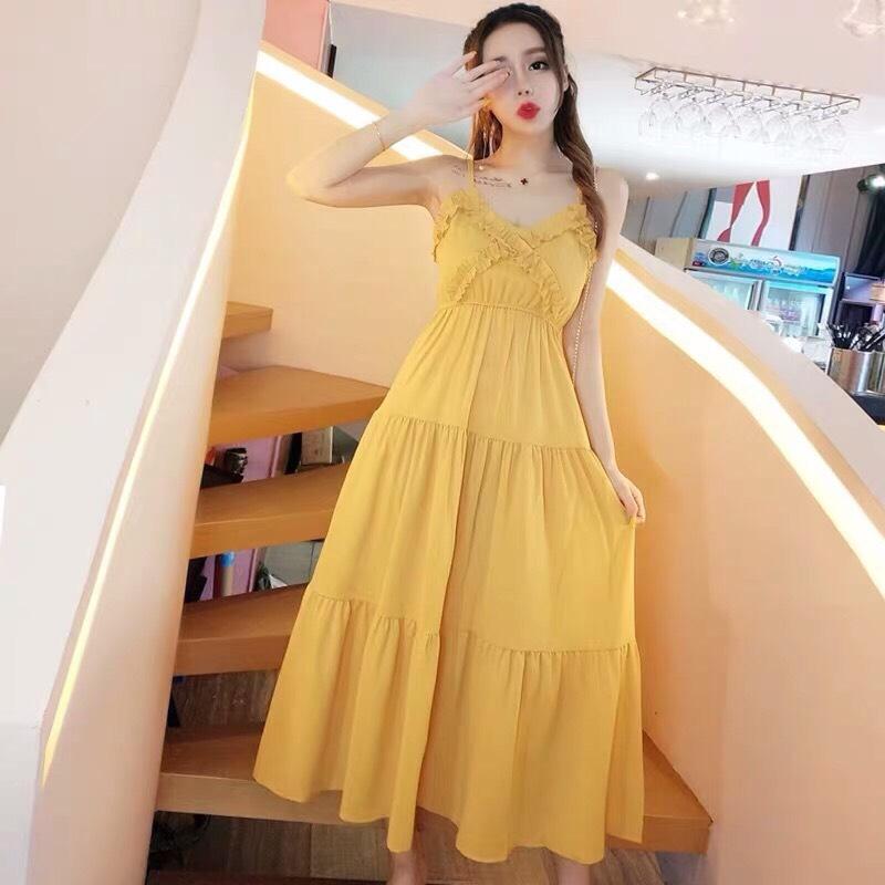 Đầm voan hai dây dáng dài phối nơ sau lưng nữ tính tts0572