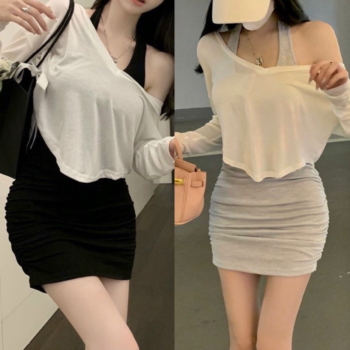 Sét đầm choàng cổ + áo khoác ngoài