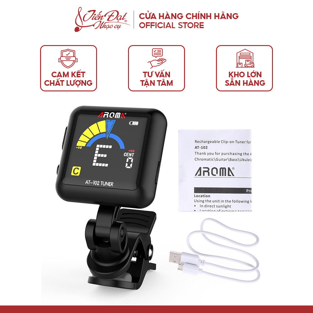 Tuner/máy lên dây aroma at-102, kèm dây cáp sạc usb, màn hình màu dành cho chromatic, guitar,bass,ukulele