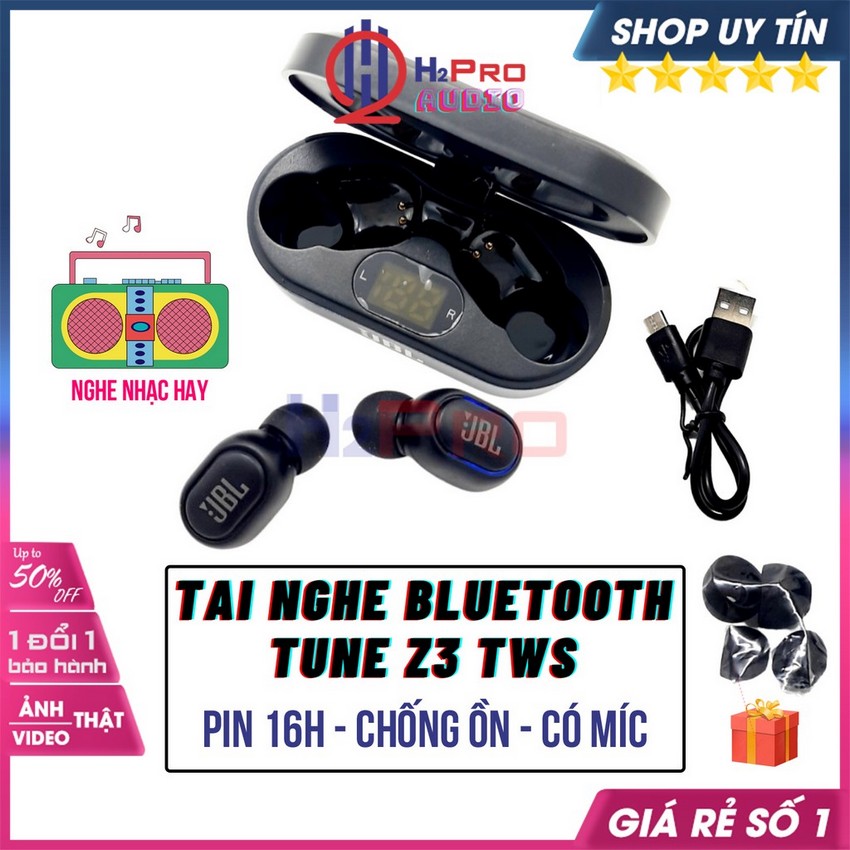 Tai Nghe Bluetooth, Tai Nghe Không Dây Tune Z3 TWS Chống Ồn-Pin Trâu 16h-Có Mic-Nhạc Hay (Tặng 4 Nút Tai)-H2pro Audio