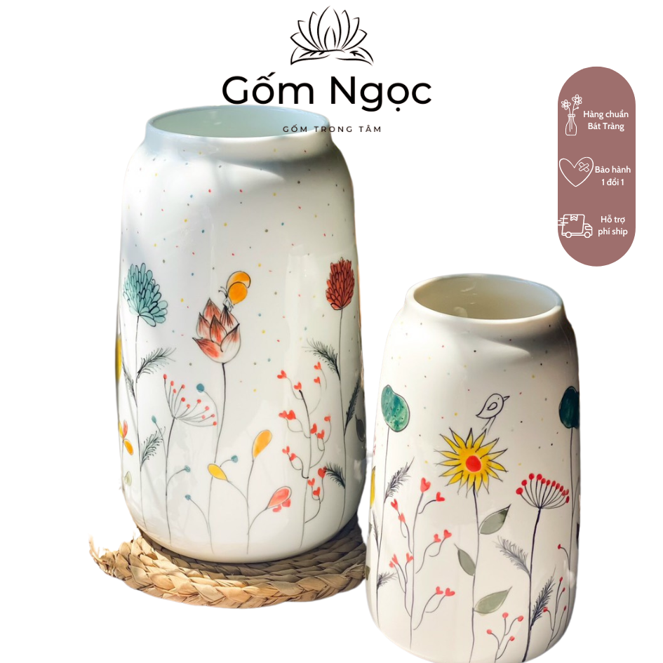 Bình cắm hoa trang trí, lọ hoa gốm sứ họa tiết vẽ hoa mầu men trắng gốm sứ Bát Tràng cao cấp Gốm Ngọc