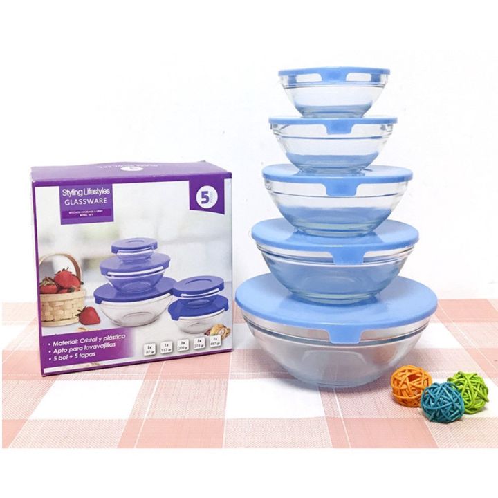 Set 5 thố thuỷ tinh có nắp nhựa đựng thức ăn