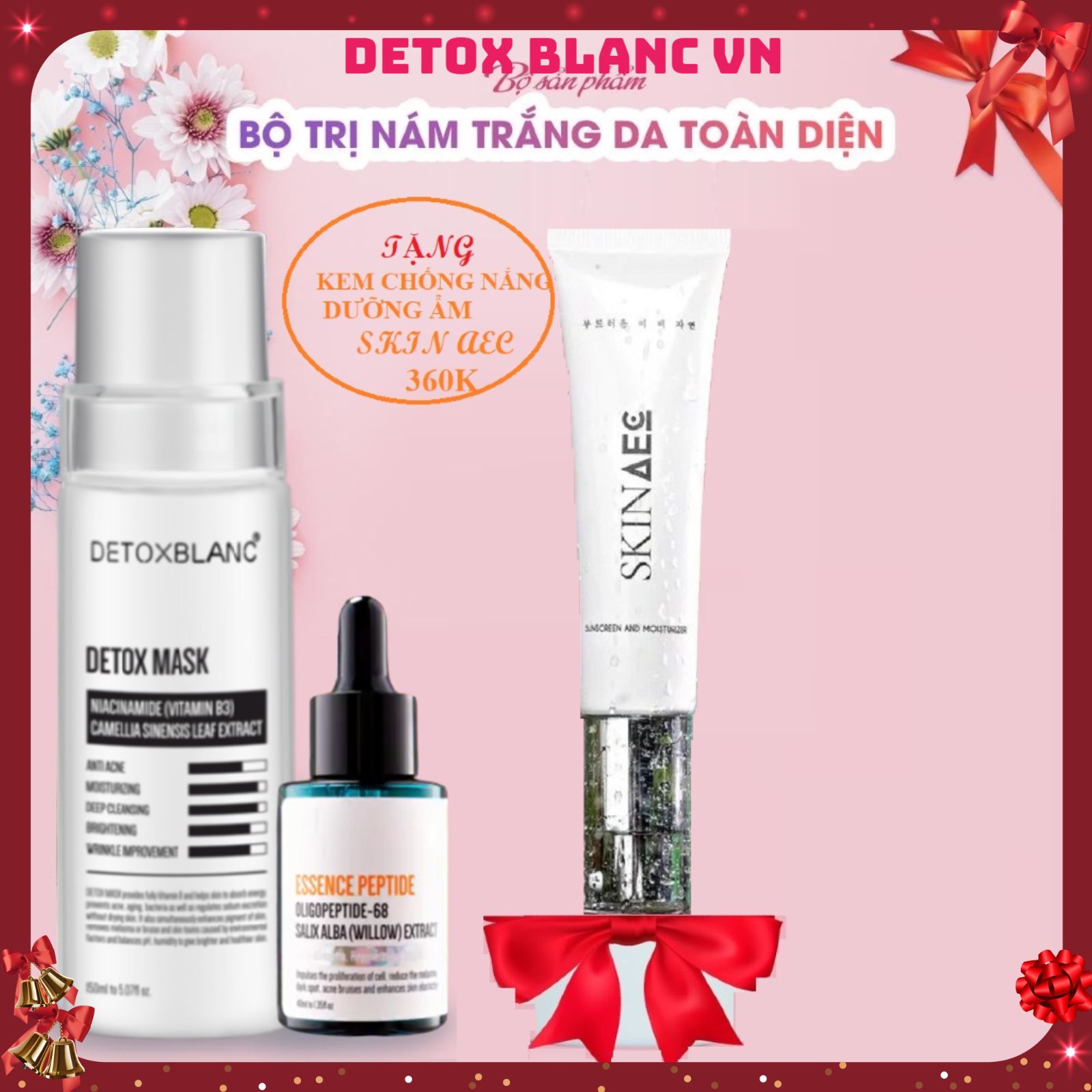 Combo xóa nám tàn nhang dưỡng trắng da detox blanc tặng kèm kem dưỡng ẩm chống nắng skin aec