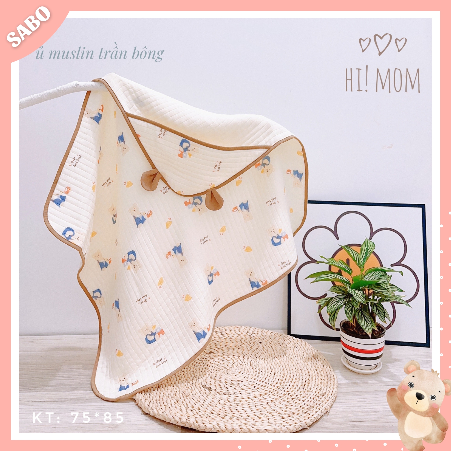 Ủ choàng xô muslin trần bông thu đông cao cấp hi!mom, ủm choàng cho bé sơ sinh