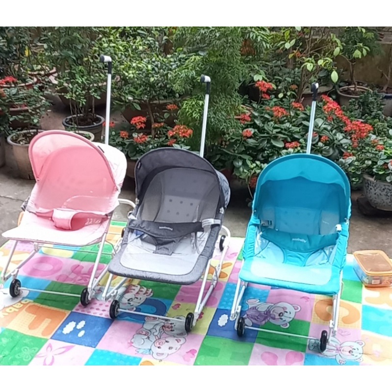 ┇Ghế bập bênh nằm chơi có bánh xe Seebaby R1 / tay đẩy (tặng màn chống muỗi) - KAWAII BABY