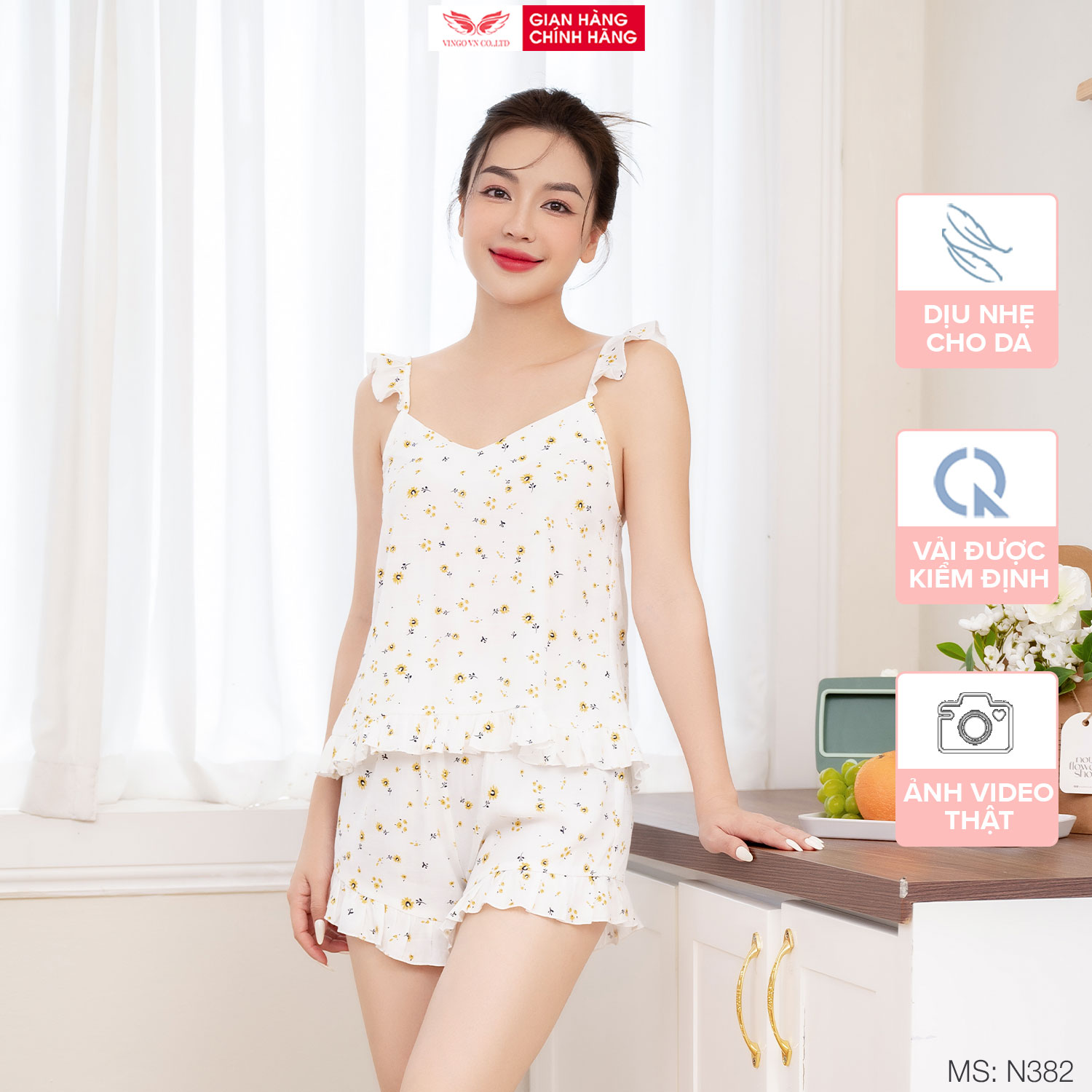 Đồ ngủ nữ hai dây mặc nhà đũi cao cấp Vingo hoạ tiết hoa nhí N382 VNGO