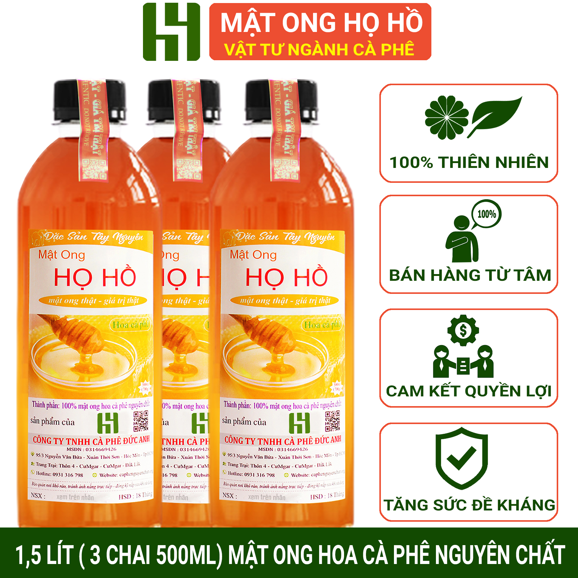 1,5 Lít mật ong nguyên chất hoa cafe (combo 3 chai 500ml) - cam kết đổi trả nếu không vừa ý - sản phẩm của công ty TNHH cà phê ĐỨC ANH - mật ong bán chạy bách hóa lazada