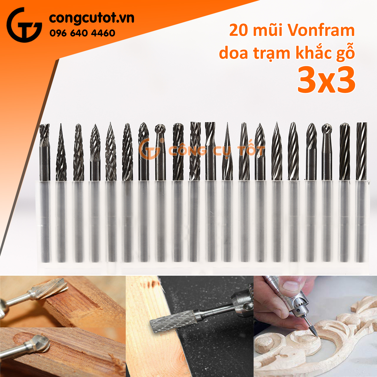 Bộ 20 mũi phay mài - trạm khắc gỗ vonfram trục cốt 3ly
