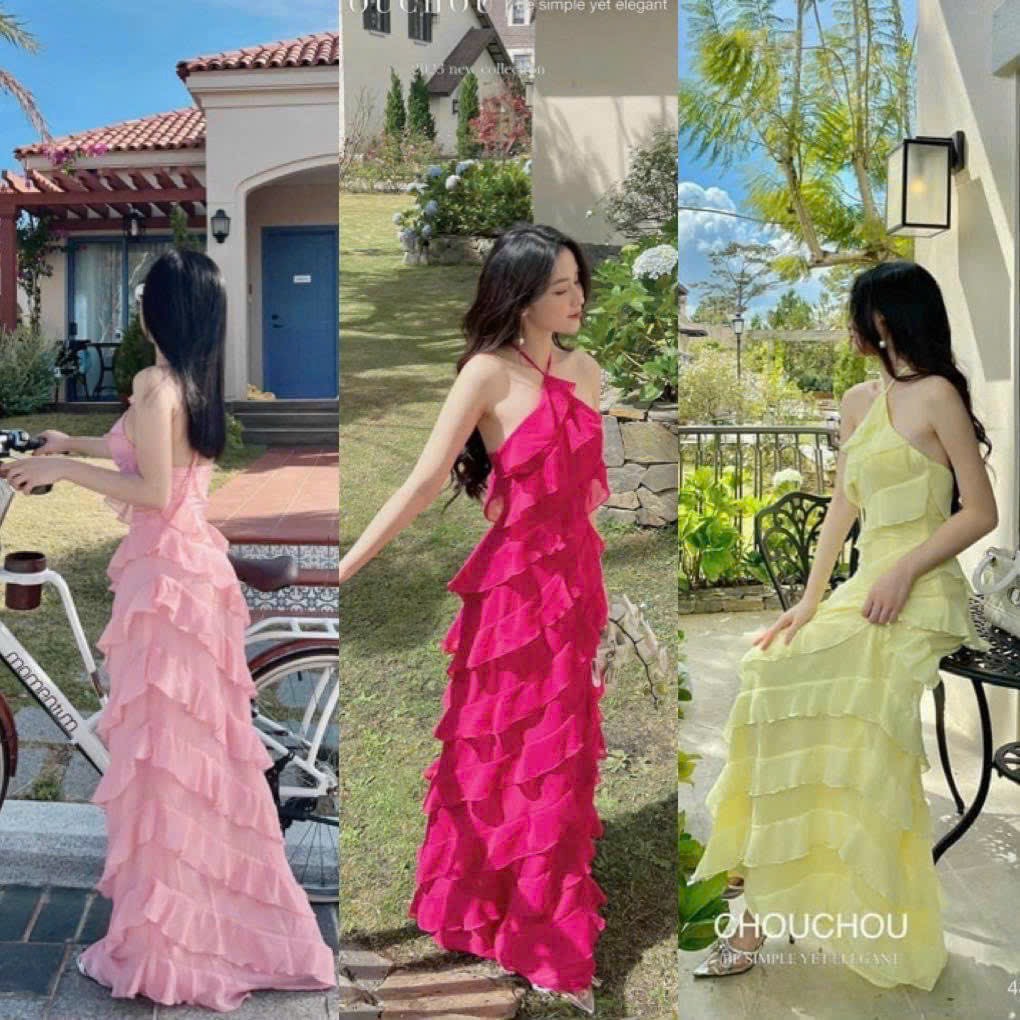 Đầm nữ thời trang mặc đi biển chất voan cổ yếm thắt dây cổ hở lưng phối ren váy suông maxi phong cách bánh bèo