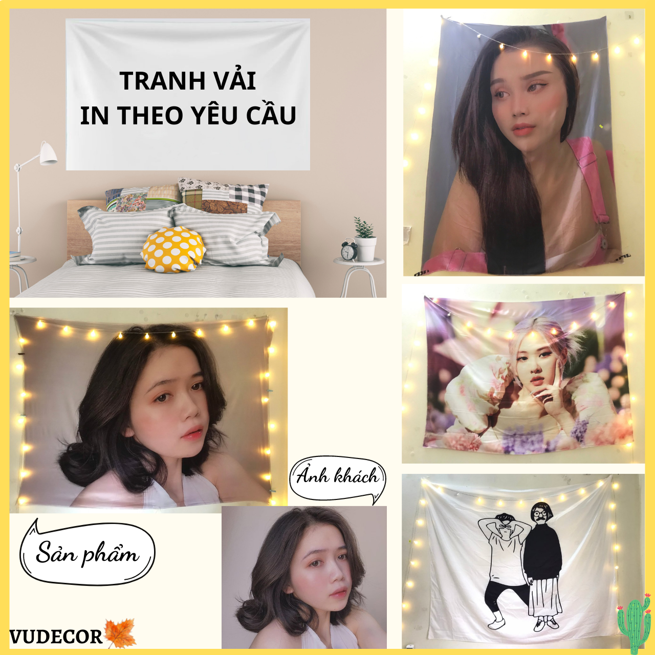 Tranh vải in theo yêu cầu, tranh vải treo tường, thảm treo tường ( tặng kèm dây đèn led 5m mét và móc treo )