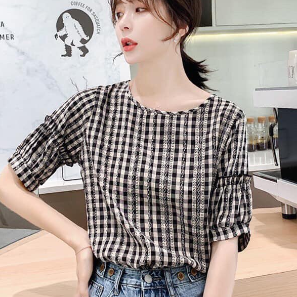 áo kiểu nữ kẻ caro dáng suông đẹp