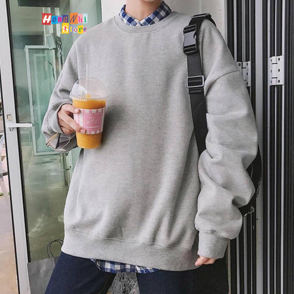 Áo Sweater Trơn Ulzzang Unisex Màu Xám Nhạt Chất Nỉ Bông Cao Cấp Dáng Rộng Nam Nữ - MM