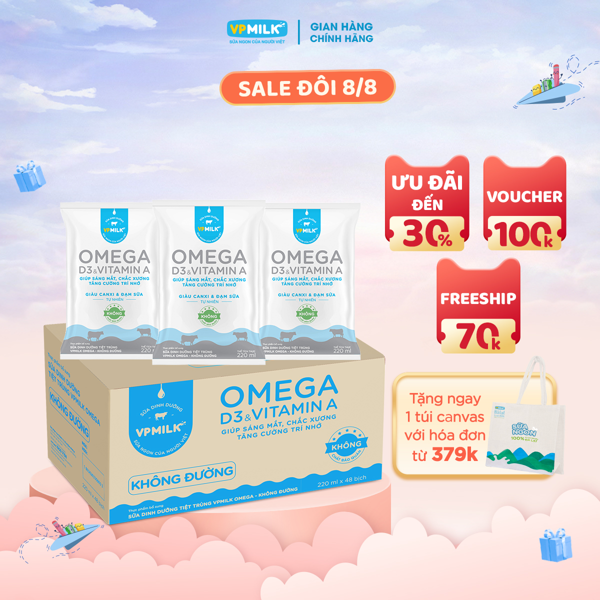 [HỎA TỐC TẠI TPHCM] Sữa Dinh Dưỡng Tiệt Trùng VPMilk Omega Không Đường (thùng 48 bịch 220ml)