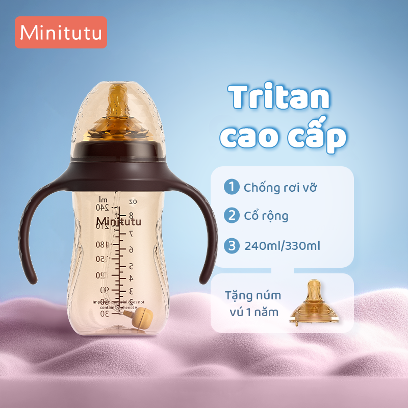 Bình Sữa Minitutu Tritan Cổ Rộng 3IN1 Chống Đầy Hơi Cho Bé Nano Bạc 240ML 300ML