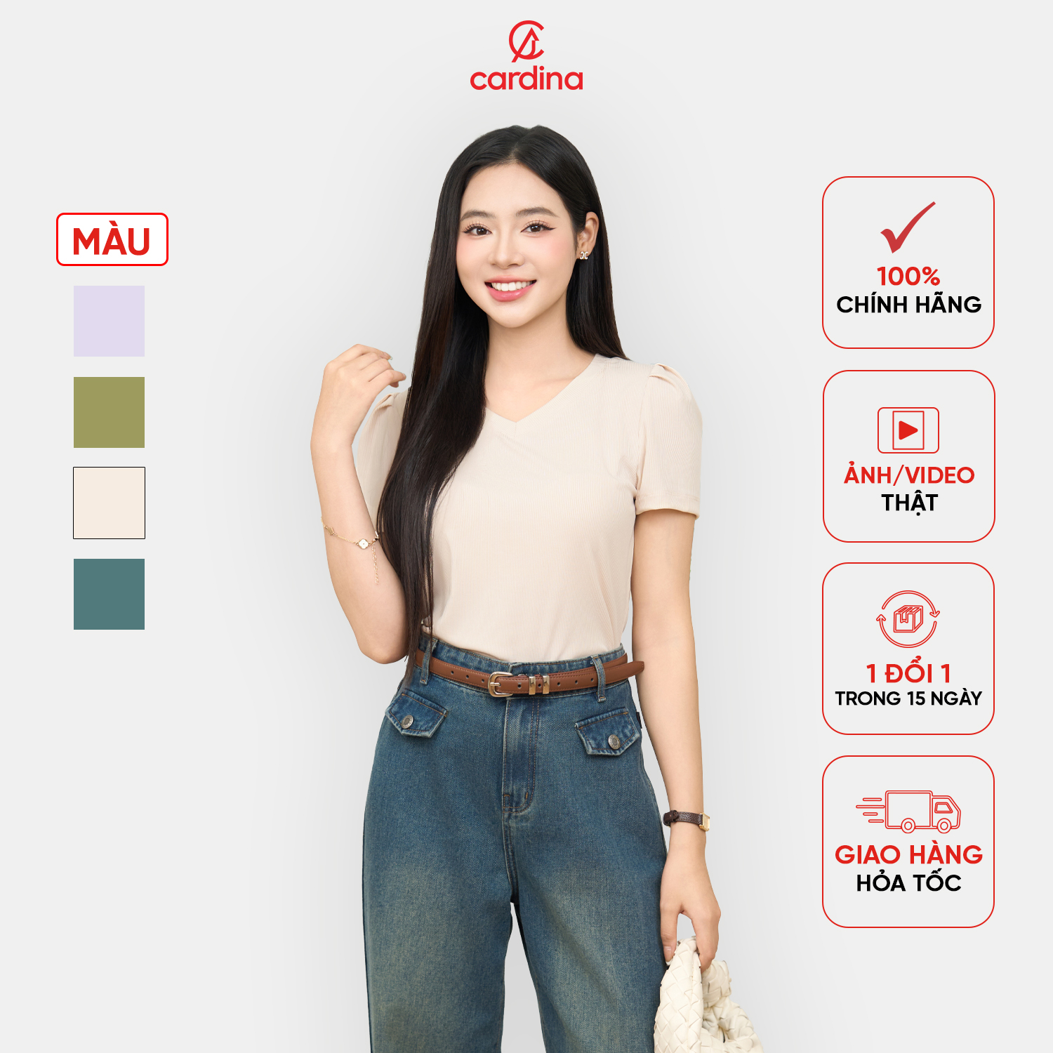 Áo thun nữ CARDINA chất liệu tăm lạnh thoáng mát cổ V tay bồng cách điệu phong cách trẻ trung 5AFC19