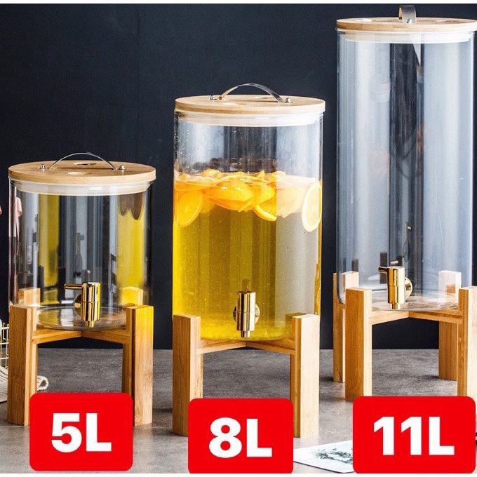[Tặng Kệ Gỗ] Bình đựng nước,đựng rượu,hoa quả,detox  thuỷ tinh có vòi rót kèm chân ghỗ như hình 5l,8l,11l cao cấp,sang trọng