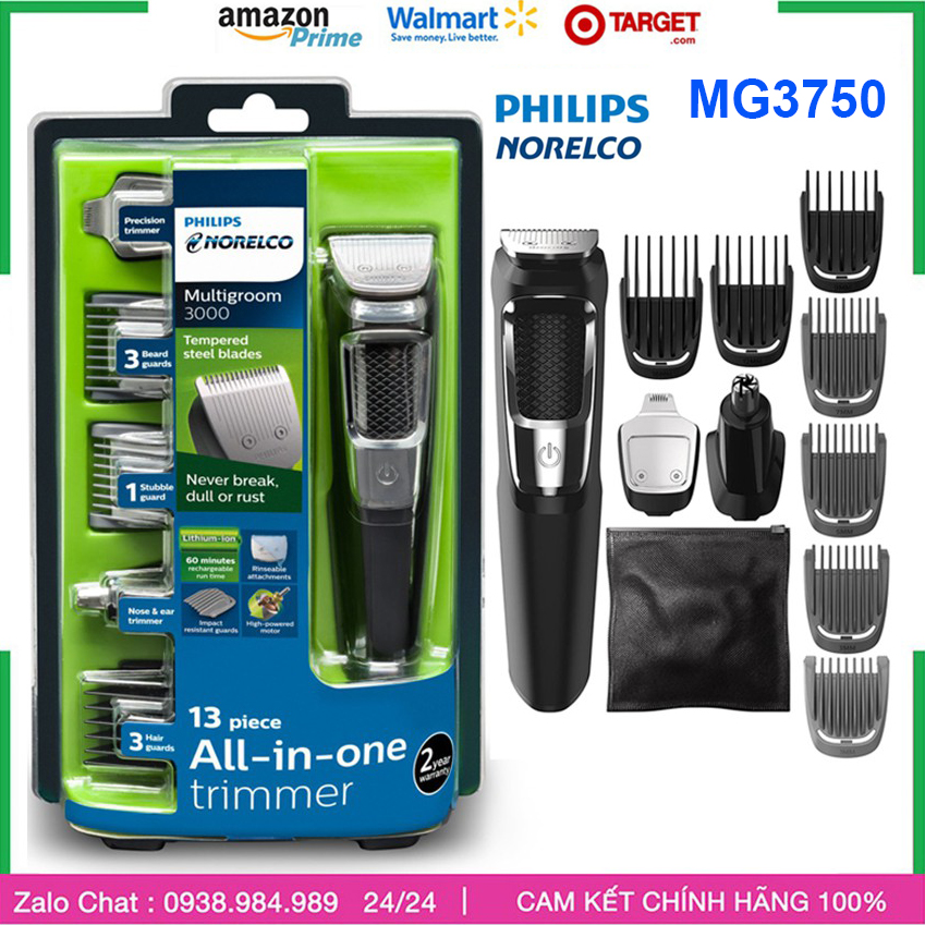 [HCM]Tông Đơ Cắt Tóc Tỉa Râu Philips Norelco MG3750 Multigroom All-In-One Series 3000 cắt tóc cạo râu cắt lông mũi 13 đầu phụ kiện