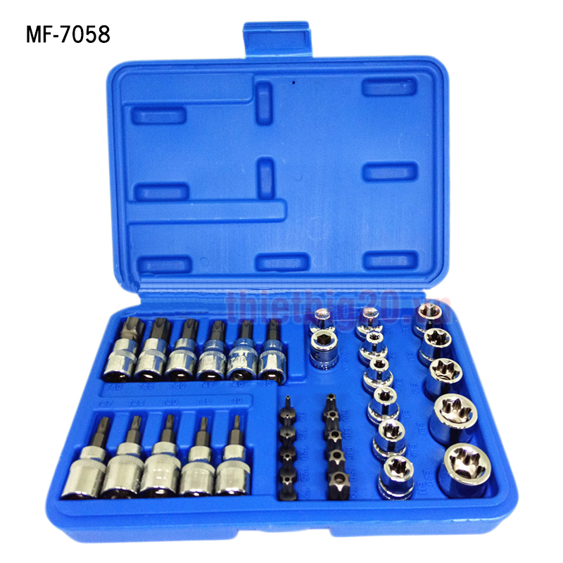 Bộ khẩu E thép Chrome Vanadium chuyên vặn ốc chìm, sao, hoa thị T10-T60, E4-E20, 34 chi tiết MF-7058