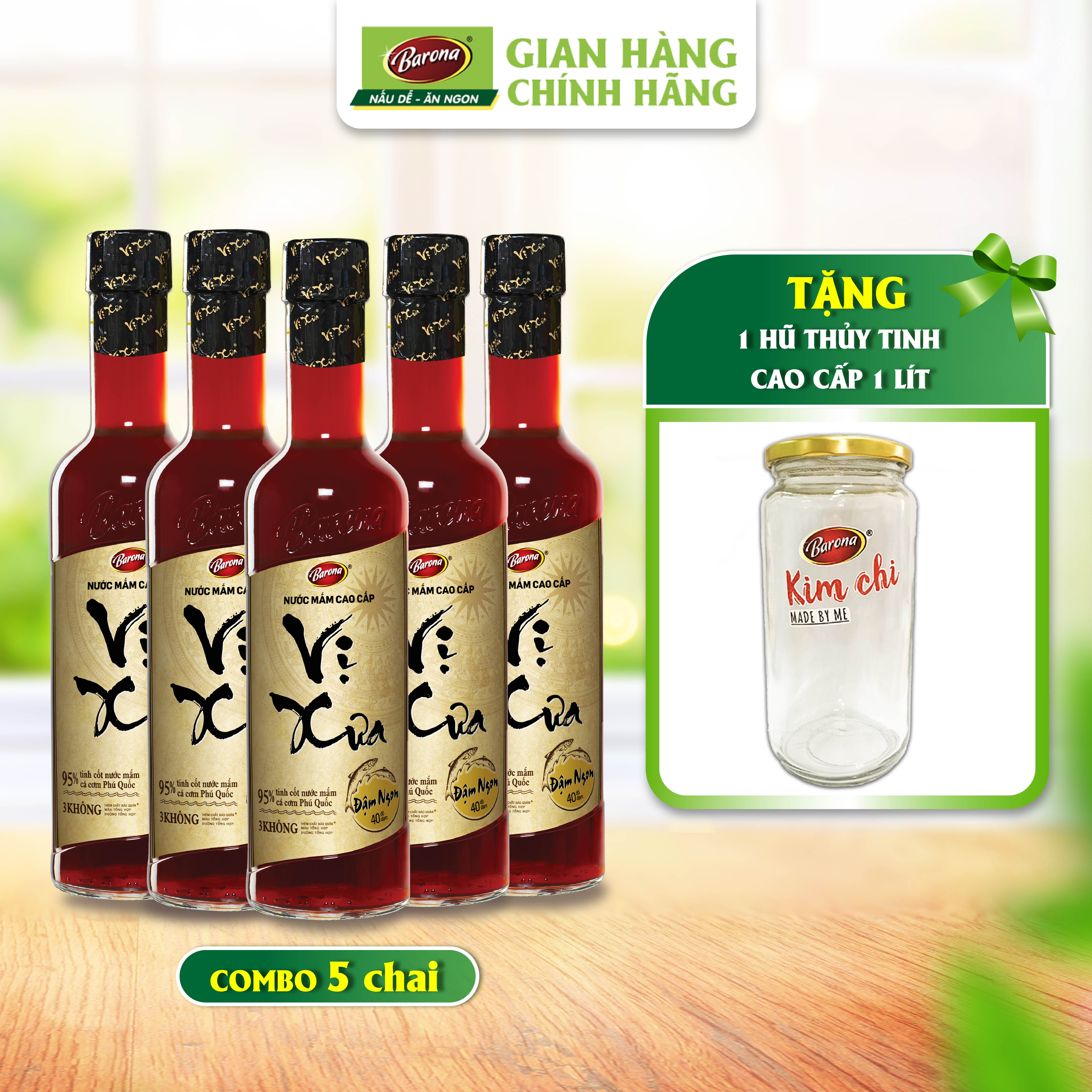Combo 5 chai Nước Mắm Phú Quốc Cao Cấp Vị Xưa Barona 40 Độ Đạm 500ml [Tặng 1 hũ thủy tinh cao cấp 1 lít]