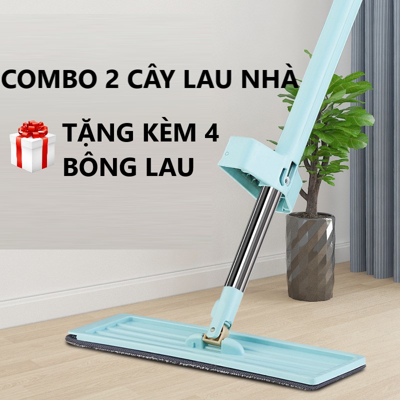 Voucher 5% combo 2 cây lau nhà, bộ chổi lau nhà đa năng xoay 360 độ tự vắt