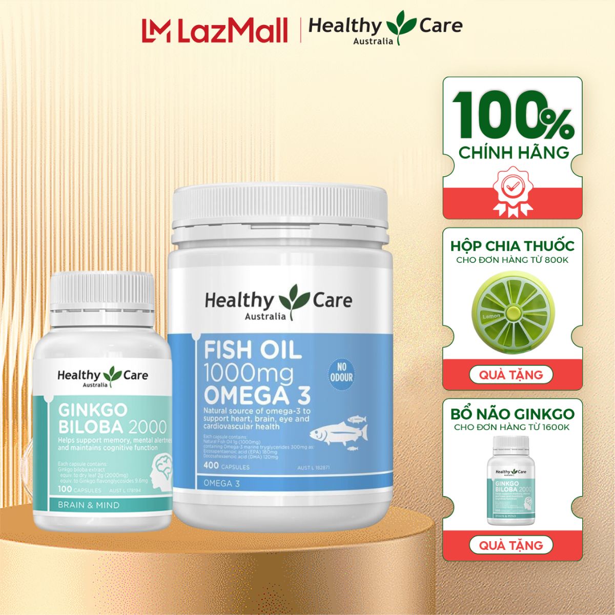 Combo Healthy Care Dầu cá Omega 3 400 viên + Bổ não Ginkgo Biloba